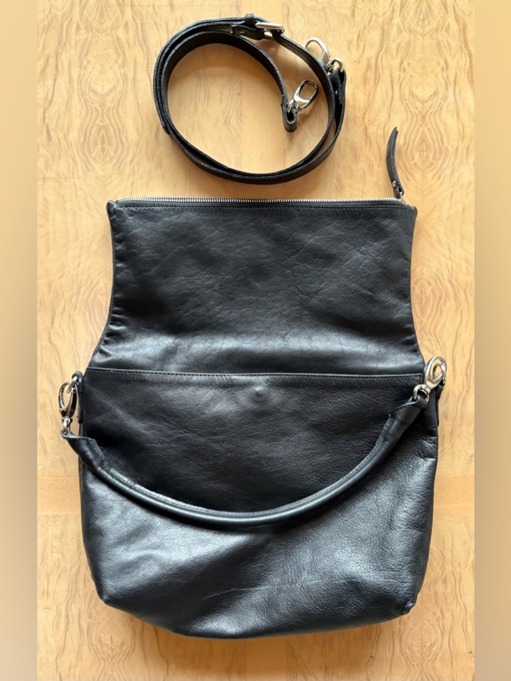 Pulicati Black Leather Hobo Bag with Silver Zip + strap